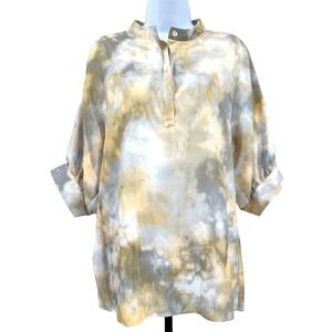 LIOR PARIS Women's L Fina Yellow & Gray Tie-Dye Short Sleeve Banded Collar Top